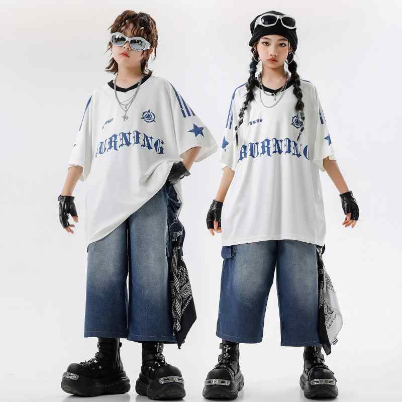 ダンスウェア キッズ 男の子 女の子 ヒップホップ ストリートダンス デニムパンツ ジーンズ セットアップ ステージ衣装 発表会 イベント 綿 コットン ゆったり ルーズ おしゃれ かっこいい 春夏