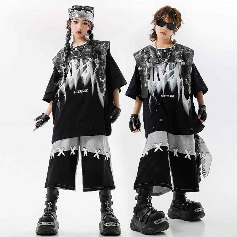 ダンス衣装 キッズ ジュニア 男の子 女の子 ストリート ヒップホップ ブラック レッド ダメージ加工 クール かっこいい おしゃれ 上下セット コットン 綿 発表会 パフォーマンス 練習着 夏用 男女兼用