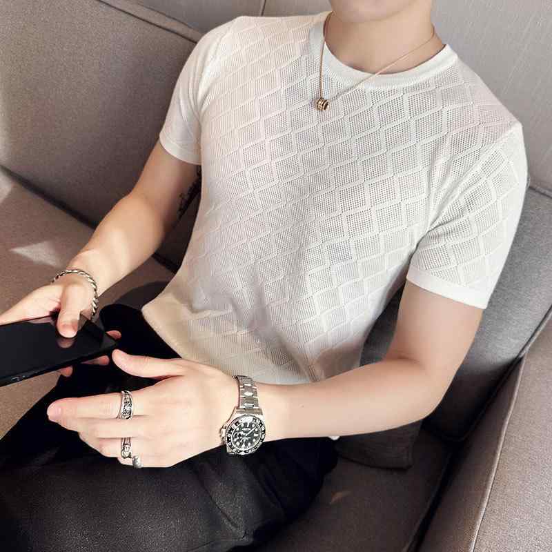 Tシャツ メンズ 男性用 メッシュ 通気性 サマーニット クルーネック 半袖 スリムフィット 韓国風 おしゃれ レーヨン 高弾性 普段使い カジュアル ブラック ホワイト トップス