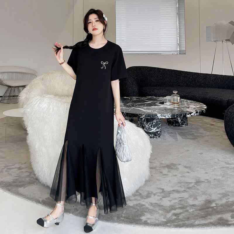 ワンピース レディース 春夏 ゆったり 大きいサイズ ロング丈 半袖 ラウンドネック ニット 切り替え メッシュ チュール ラインストーン フィッシュテール プリーツ 体型カバー ドレス カジュアル ブラック