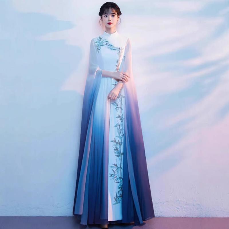 ドレス レディース 女性用 中国風 舞踊袖 フレアスリーブ 細見え エレガント ロング丈 演奏会 発表会 舞台 ステージ衣装 独奏 合唱 古箏 民族音楽 学生 芸術受験 Aライン ハイウエスト ポリエステル ネイビー