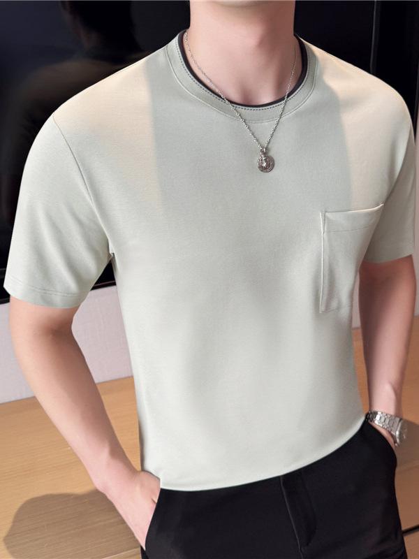 Tシャツ メンズ 春夏 半袖 クルーネック 丸首 配色デザイン ストライプ ボーダー柄 スリムフィット 細身 コットンブレンド 吸湿速乾 カジュアル トップス 男性用