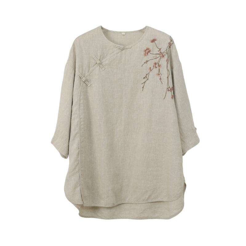 Tシャツ レディース 新チャイナスタイル レトロ 刺繍 リネン 麻 ミドル丈 7分袖 クルーネック 斜め前開き チャイナボタン 花柄 ゆったり 体系カバー 春夏 カジュアル 上品 きれいめ
