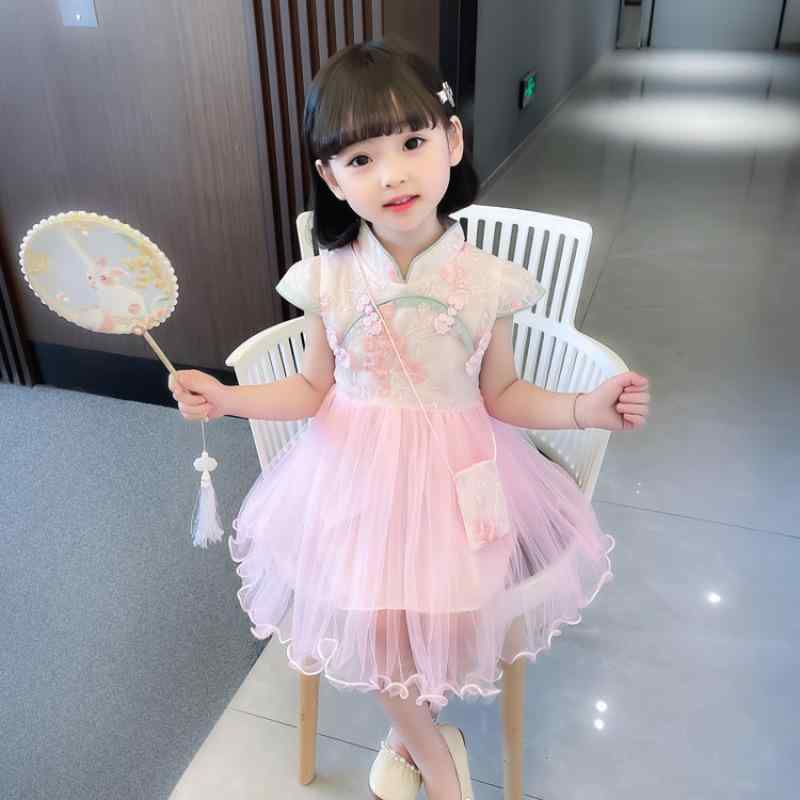 ワンピース 女の子 キッズ ベビー チャイナドレス 漢服 プリンセスドレス 中国風 半袖 綿 コットン 夏 無地 ふわふわ チュール 柔らかい 肌に優しい おしゃれ着 ピンク ブルー ホワイト