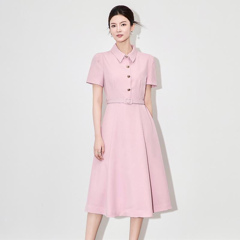 ワンピース レディース フレンチシック エレガント 上品 シンプル 襟付き 半袖 ウエストマーク Aライン ミディ丈 きれいめ 大人カジュアル 春夏 ポリエステル 無地 ブラック ピンク系 通勤 オフィス|あじゅり