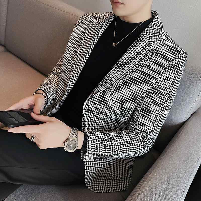 ジャケット メンズ 男性用 千鳥格子 スリムフィット 2つボタン 韓国ファッション カジュアル ビジネス 普段使い 通勤 ポリエステル 長袖 春夏 アウター