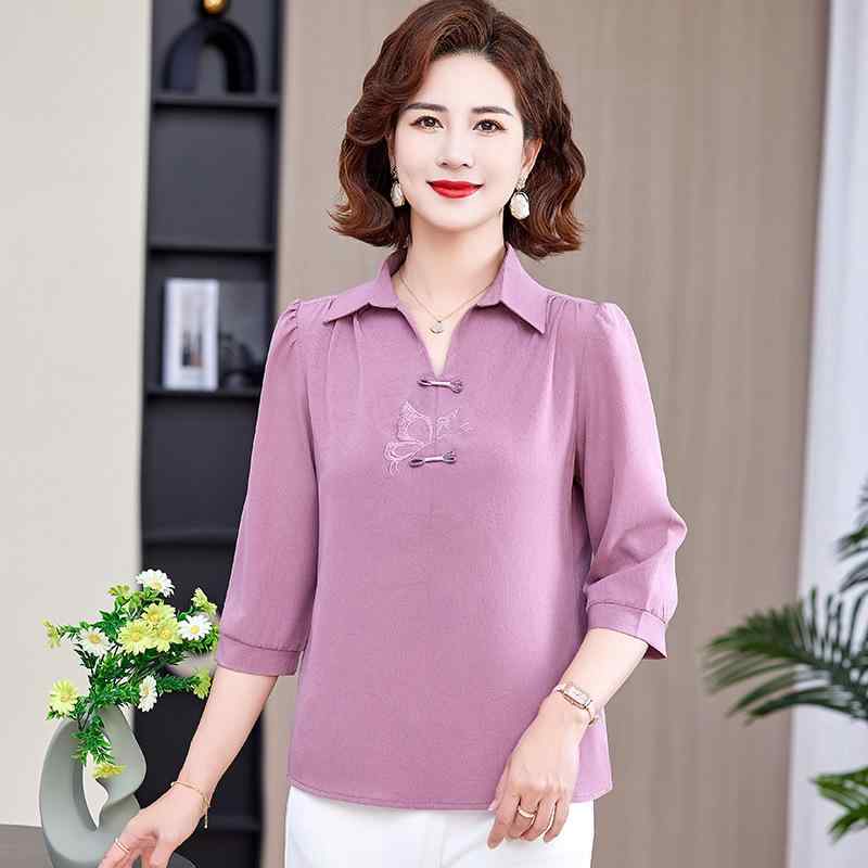 トップス ミセス 女性 夏服 襟付き 五分袖 Tシャツ カットソー ポリエステル素材 エレガント 上品 きれいめ 通勤 普段使い カジュアルスタイル