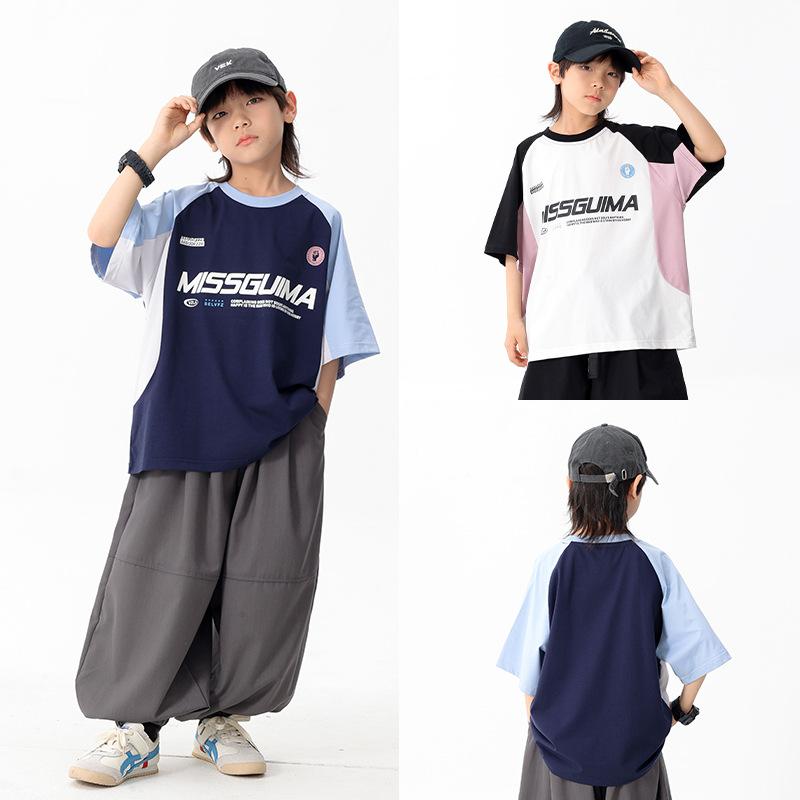 Tシャツ 男の子 子供 男児 幼児 小学生向け 和風 韓国風 ストリート カジュアル 英字プリント クルーネック ラグランスリーブ 半袖 綿 コットン 柔らか 肌触り 吸湿速乾 接触冷感 かっこいい おしゃれ トレンド 夏