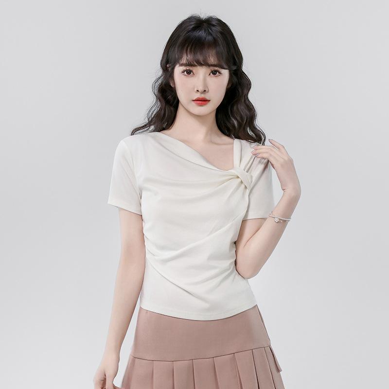 Tシャツ レディース アシンメトリー オフショルダー 半袖 ツイスト プリーツ デザイン切り替え カジュアル ショート丈 アプリコットカラー ポリエステル素材 トップス 春夏