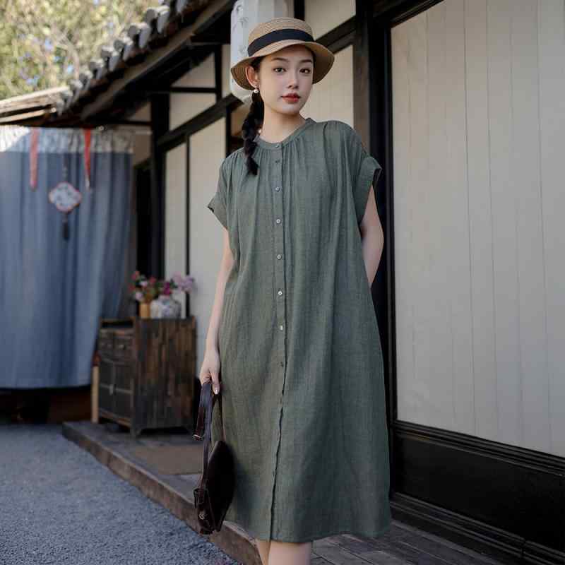 ワンピース レディース 女性用 綿麻 コットンリネン 半袖 スタンドカラー 無地 ウォッシュ加工 春夏 高級感 シャツワンピース Aライン ロング丈 マキシ丈 ゆったり ルーズフィット エレガント 普段使い