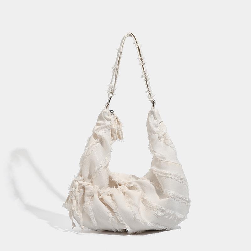 バッグ レディース キャンバス トートバッグ ショルダーバッグ 大容量 プリーツ フリンジ 通勤 普段使い デイリー リラックス 万能 ファスナー付き 柔らか スマホポケット 春夏 オフホワイト ダークブルー