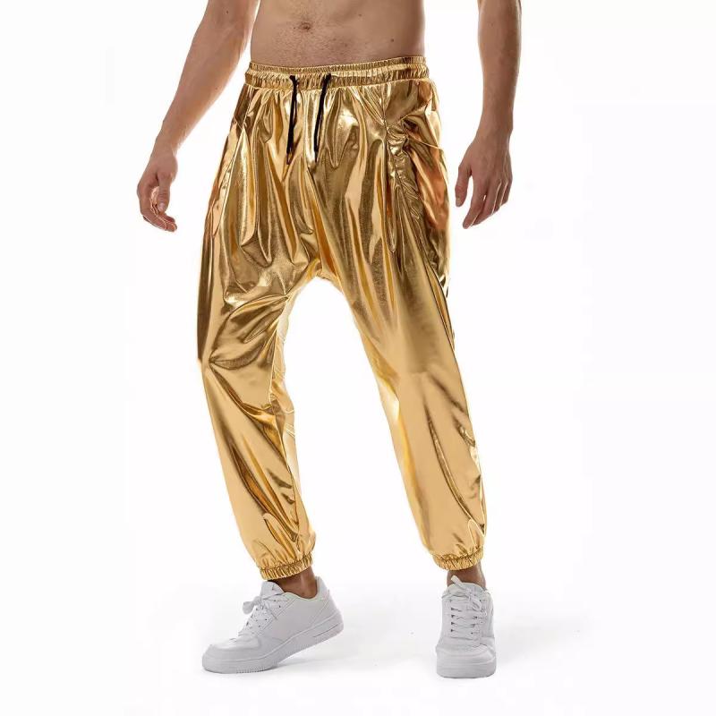 パンツ メンズ 春夏 ジョギング ランニング スポーツ カジュアル ストレート ロング丈 ストレッチ 伸縮性 綿混 ポリエステル 金色 銀色