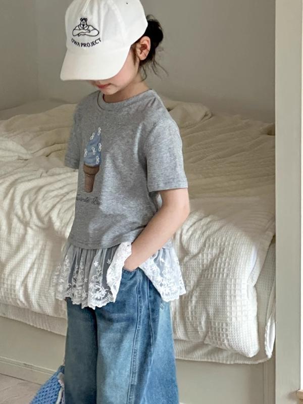 Tシャツ 女の子 ガールズ 半袖 レース切り替え キャラクター 親子コーデ かわいい コットン 吸湿速乾 ラウンドネック カジュアル 韓国風 おしゃれ 春夏 トップス ライトグレー