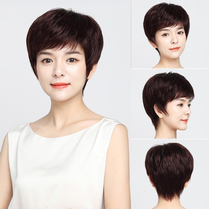 ウィッグ 中高年女性 ミセス シニア 人毛 総手植え ショートストレート 斜め前髪 自然な仕上がり 伸縮ネット 通気性 快適 小顔効果 白髪隠し 普段使い 染毛 パーマ対応 ナチュラルブラック ダークブラウン｜あじゅり