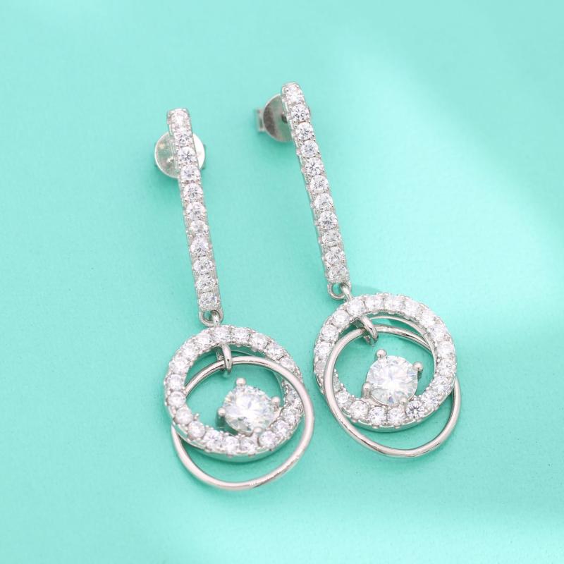 ピアス イヤリング レディース 女性用 S925純銀 シルバーポスト モアサナイト 上品 エレガント 精巧な作り ロング ダンシングストーン ダブルリング ラウンド 普段使い オフィス フォーマル