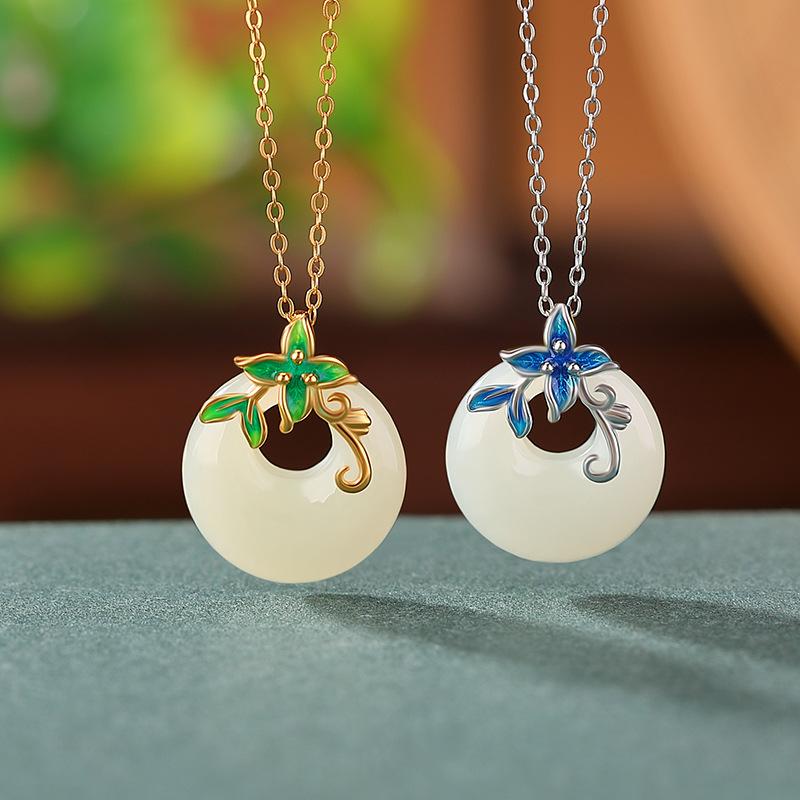 ペンダント S925 スターリングシルバー ゴールドカラー 金メッキ 和田玉 景泰藍 七宝焼 蘭の花 フラワーモチーフ 平安扣 お守り 縁起物 オリエンタル 中華風 レトロモダン エレガント 上品 アクセサリー ギフト