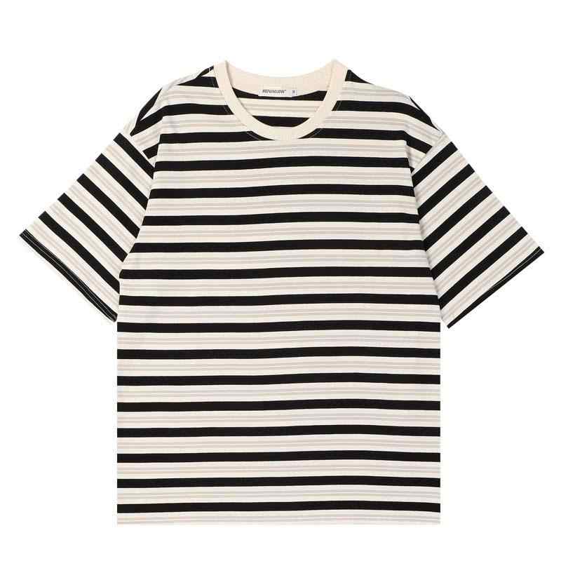 Tシャツ メンズ 男性用 クルーネック 丸首 ビッグサイズ オーバーサイズ ゆったり ドロップショルダー ヘビーウェイト 綿混 コットン ストライプ柄 韓国風 カジュアル 普段使い 春夏 ホワイト レッド グリーン