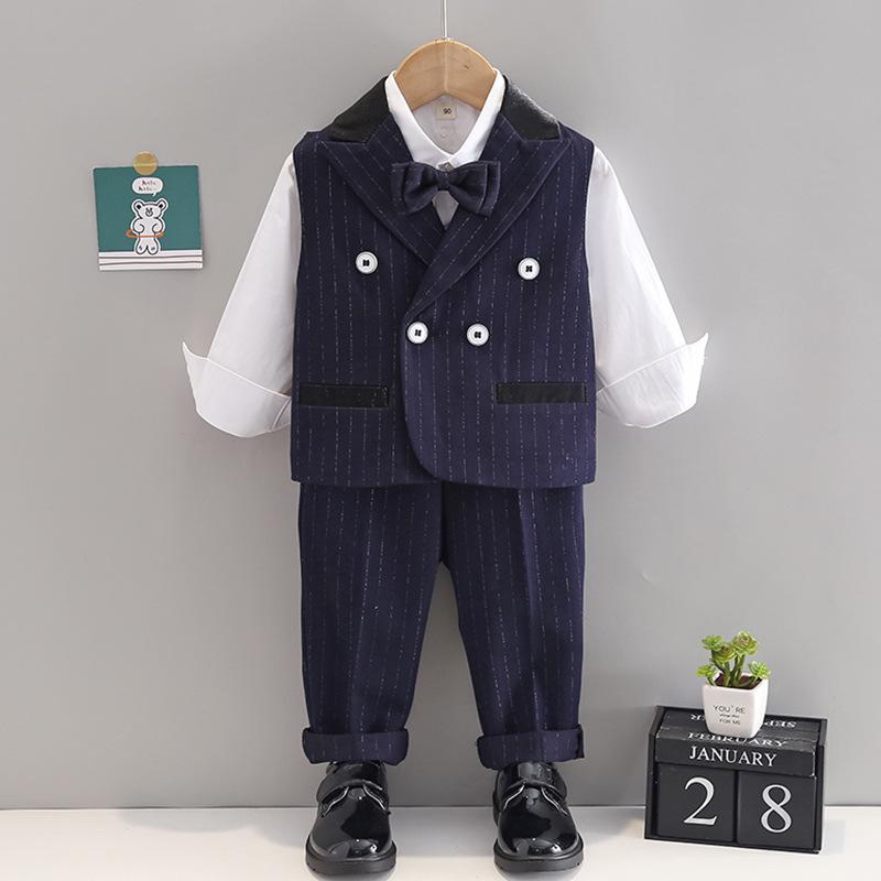 ベスト 男の子 キッズ 男児 ストライプ柄 ダブルボタン スーツ セットアップ ジレ 幼稚園 発表会 結婚式 披露宴 入学式 卒園式 七五三 セレモニー フォーマル 礼服 秋冬 3歳 8歳
