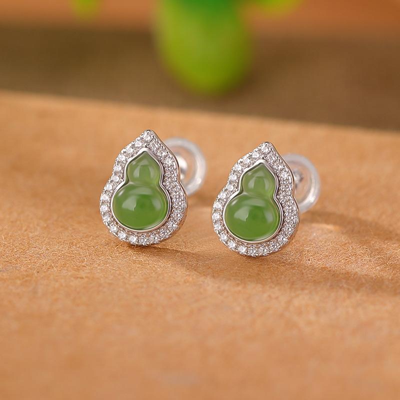 ピアス レディース S925純銀 シルバーアクセサリー 和田翡翠 碧玉 玉細工 新中華風 レトロ クラシカル 福禄 瓢箪モチーフ エレガント 上品 スタッドピアス 普段使い お呼ばれ 5,258円