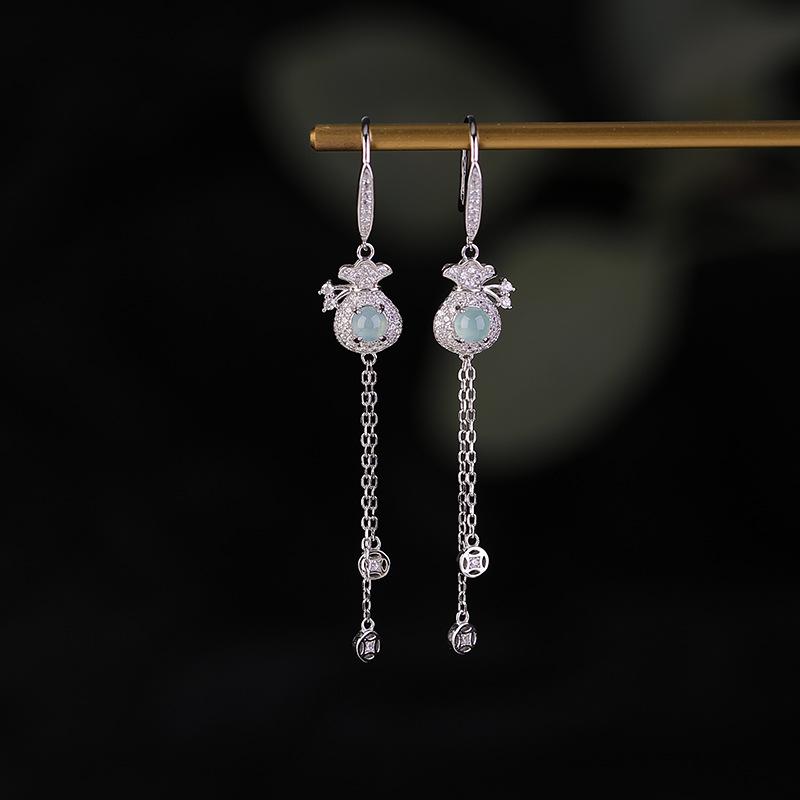 ピアス レディース 女性用 S925スターリングシルバー 925シルバー 純銀製 ブルー翡翠 天然石 コイン 福袋 ラッキーモチーフ タッセル フリンジ レトロ アンティーク チャイナ風 オリエンタル 上品 エレガント イヤリング
