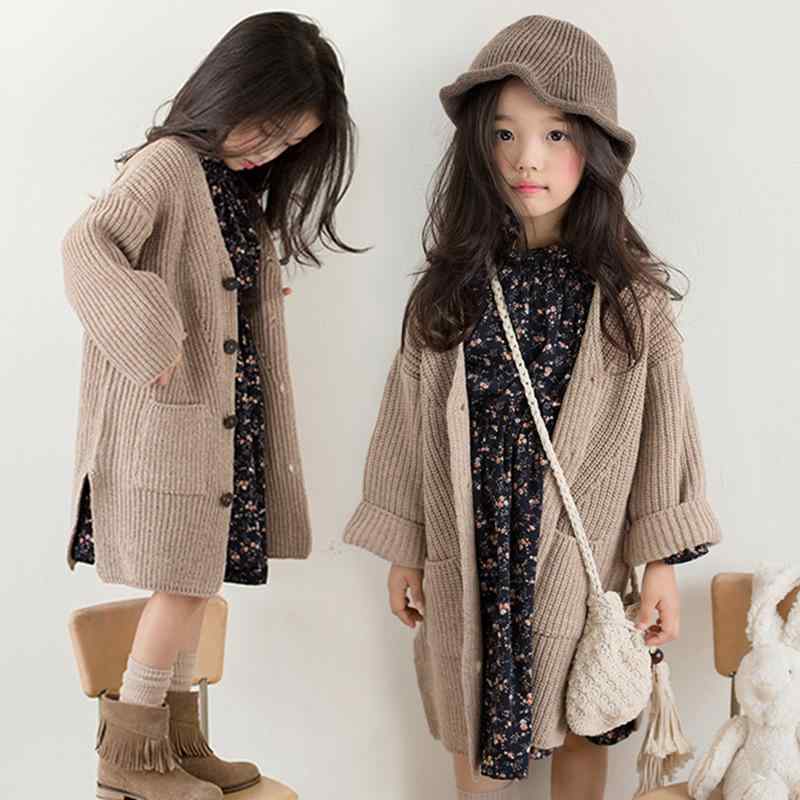 ニット キッズ 女の子 Vネック 厚手 カーディガン 前開き シングルボタン 長袖 綿 韓国風 トップス はおり セーター 秋冬 お出かけ 普段使い 通学 アプリコット
