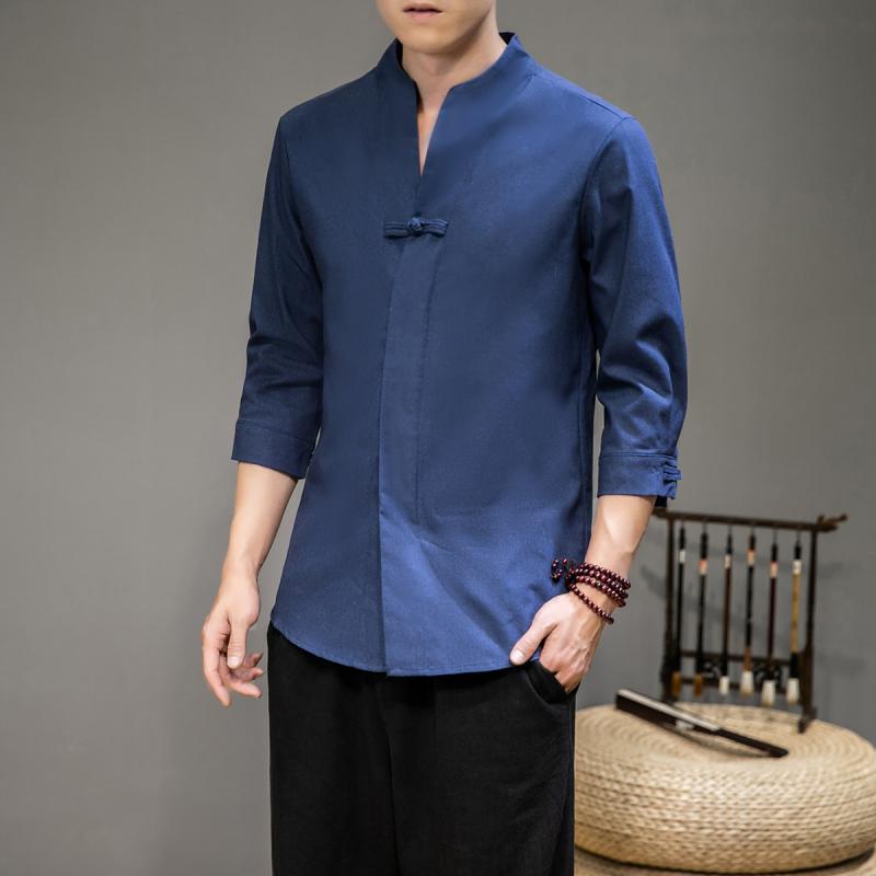 シャツ メンズ 男性用 七分袖 中国風 無地 立ち襟 チャイナボタン ゆったり ルーズフィット 大きいサイズ 綿麻 麻 カジュアル 普段使い 夏 白 黒 グレー 紺