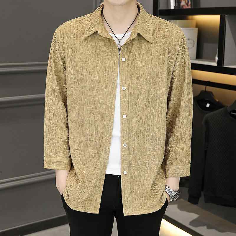 シャツ メンズ 接触冷感 プリーツ加工 七分袖 ゆったり カジュアル 韓国風 羽織り ポリエステル 襟付き 春夏 ホワイト ブラック カーキ