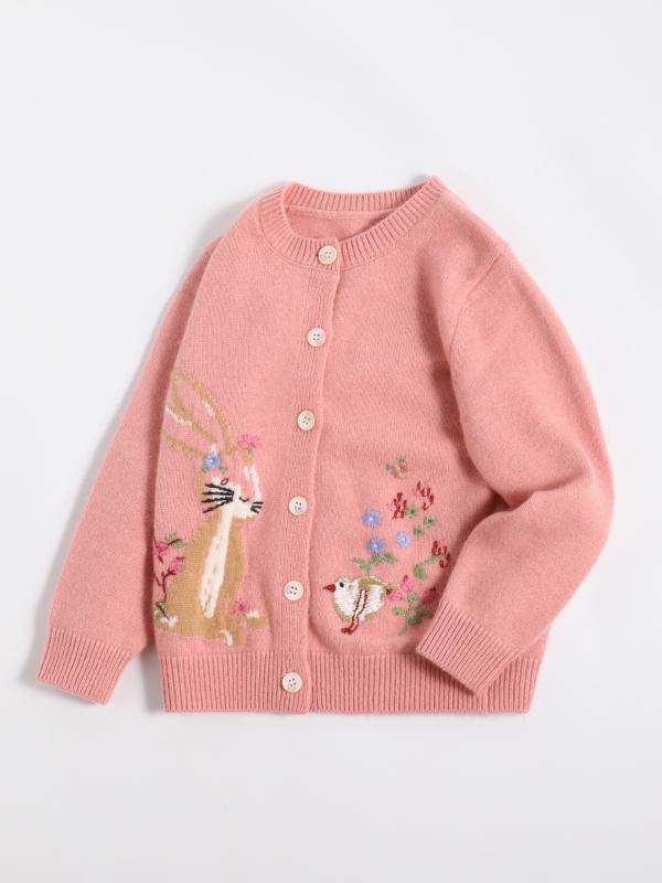 カーディガン セーター 女の子 キッズ 秋冬 カシミヤ ウール 長袖 クルーネック 前開き ボタン かわいい キャラクター アニマル柄 あったか 保温 防寒 通園 通学 普段使い｜あじゅり