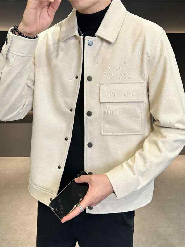 ジャケット メンズ メルトン素材 ポリエステル混紡 スリムフィット テーラード襟 ショート丈 厚手 きれいめカジュアル クールスタイル 多機能ポケット 韓流 秋冬 アウター 黒 ベージュ