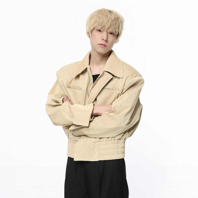 ジャケット メンズ 春 韓国風 韓流ファッション ビッグシルエット オーバーサイズ ショート丈 肩パッド付き 襟付き 無地 ブルゾン ポリエステル素材 伸縮性 カジュアル デイリーユース ブラック カーキ アウター
