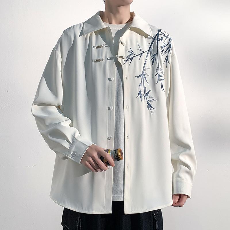 シャツ メンズ 男性用 春夏 アジアン 香港風 チャイナボタン 刺繍 ビッグシルエット オーバーサイズ ワイドカラー 長袖 開襟 ポリエステル アセテート アイロン不要 カジュアル 白 黒