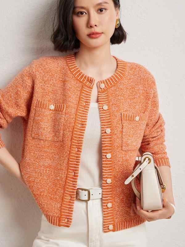 カーディガン レディース 秋冬 クルーネック カシミヤ ウール オレンジ 杢調 ミックスカラー おしゃれ 上品 高級感 厚手 着回し 羽織り 通勤 普段使い トップス