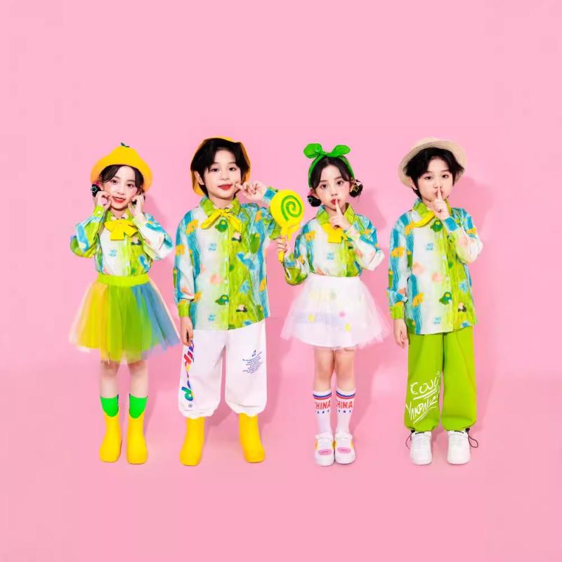 パフォーマンスウェア キッズ 子供 男女兼用 シャツ ドーパミンカラー カラフル ポップ チアダンス 応援団 運動会 開会式 合唱 発表会 クラスユニフォーム 団体服 春秋 綿 柔らかい