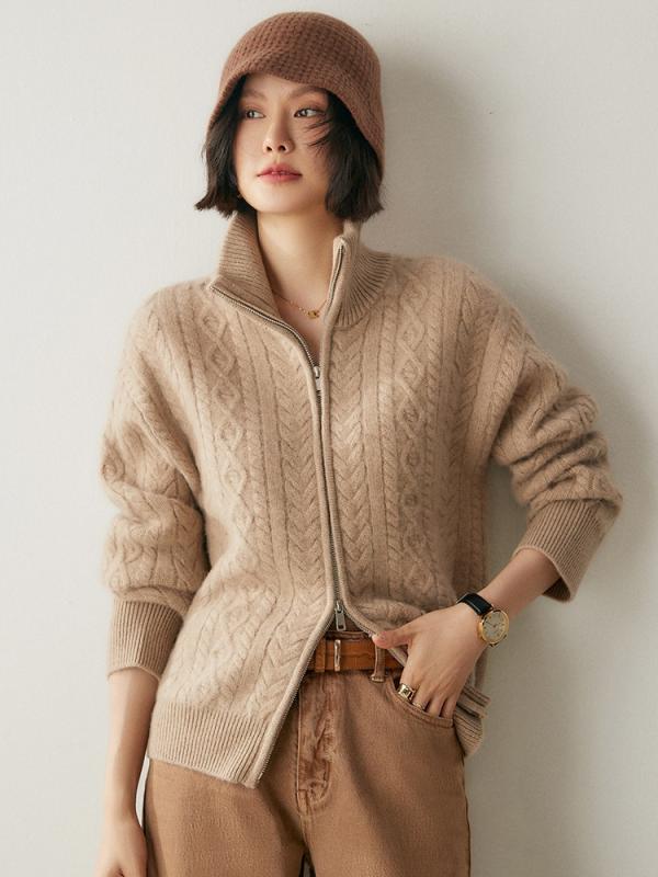 ニット カーディガン レディース スタンドカラー ハイネック 厚手 カシミヤ 長袖 ケーブル編み アラン編み レトロ ヴィンテージ ジップ ファスナー 羽織り 通勤 普段使い 高級感 暖かい ゆったり オフホワイト キャメル ベージュ グレー レッド 秋｜あじゅり 17,320円