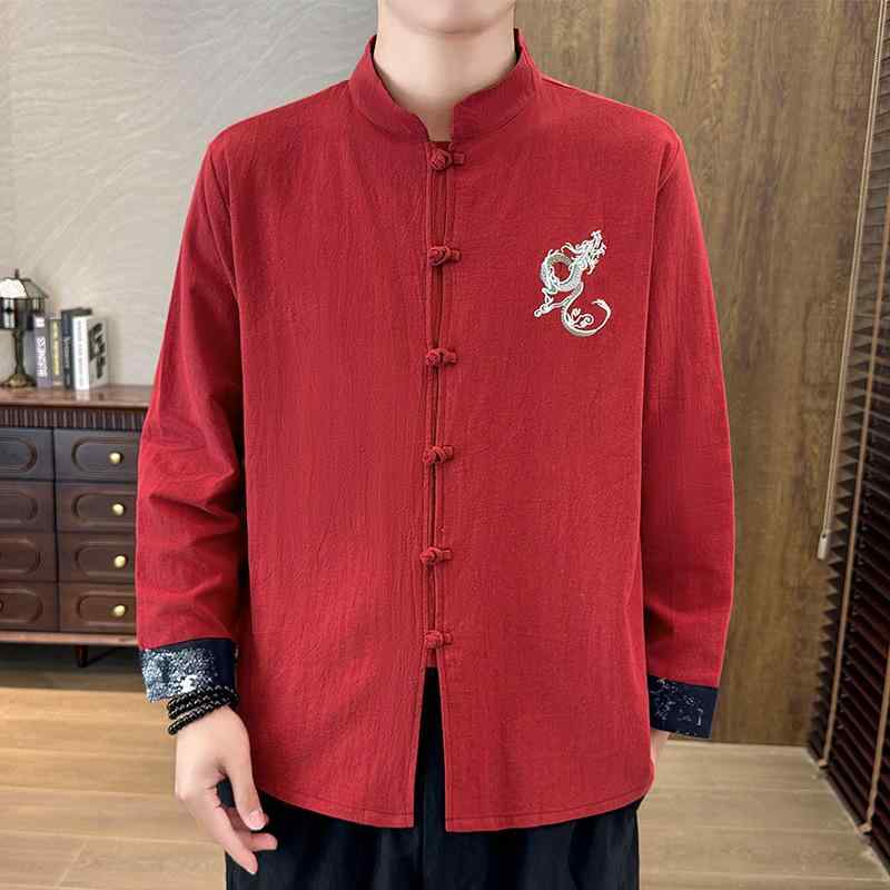 シャツ メンズ 男性用 長袖 レトロ 薄手 綿麻 トップス カジュアル 居士服 養生 龍柄 普段使い リラックスウェア ゆったり 通気性 アジアンテイスト ドラゴンモチーフ 快適