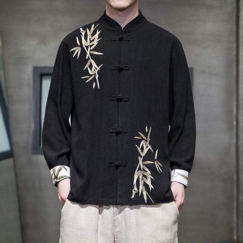 シャツ メンズ 夏物 中国風 レトロ 麻 リネン 長袖 盤扣 チャイナボタン 竹葉刺繍 スタンドカラー 大きいサイズ ビッグシルエット ゆったり 通気性 吸湿速乾 普段使い
