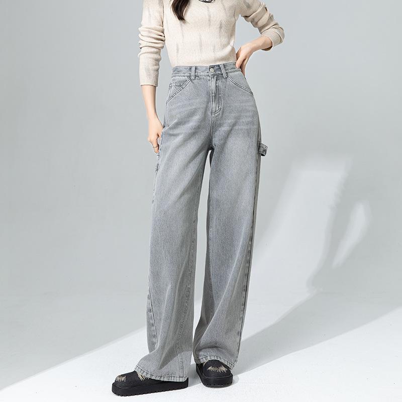 デニムカーゴパンツ メンズ アメリカン ストリートテイスト ハイウエスト マルチポケット 細見え スタイルアップ ストレートシルエット ウォッシュ加工 ライトグレー コットン ノンストレッチ 春夏