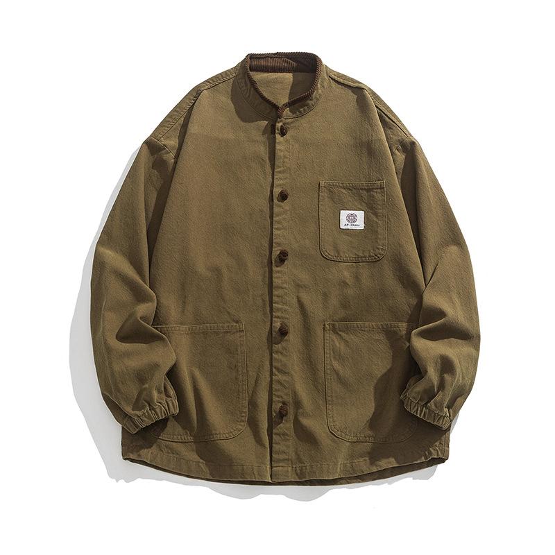ジャケット メンズ 秋冬 ビッグサイズ ゆったり 新中華風 チャイナ風 唐装 漢服 ウォッシュ加工 スタンドカラー 国潮スタイル ポリエステル ヴィンテージ風 ブラック カーキ グリーン カジュアル 普段使い