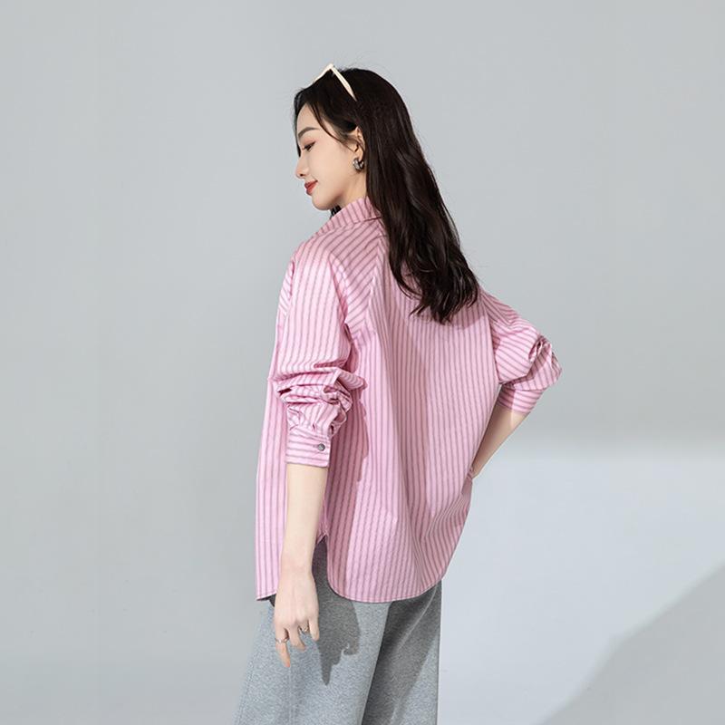 シャツ レディース 春夏 ピンク ストライプ 長袖 ブラウス ゆったり リラックスフィット 重ね着 レイヤード 個性的 デザイン カジュアル ミドル丈 トップス