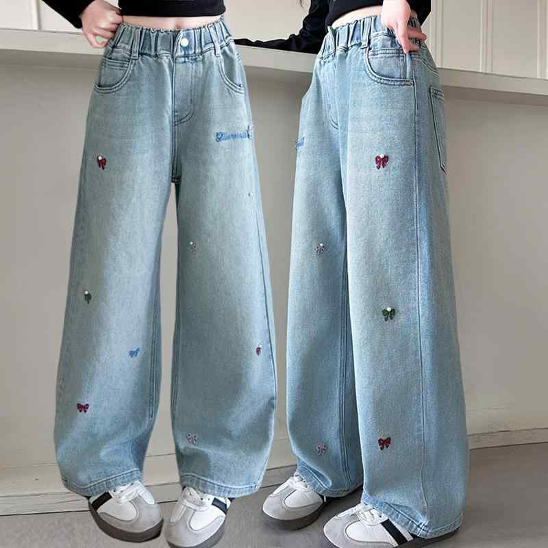 デニムパンツ ガールズ ジュニア ティーンズ 春秋 カジュアル ストレート ワイド 綿混 ソフト加工 ゴムウエスト ミドルウエスト トレンド デニムブルー サンドウォッシュ加工 普段使い 通学