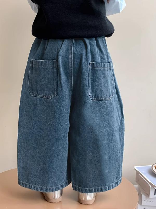 パンツ 女児 中小児 ストレート ワイド デニム ジーンズ ガウチョ ゆったり カジュアル 綿 ブルー 無地 韓国風 かわいい 春秋