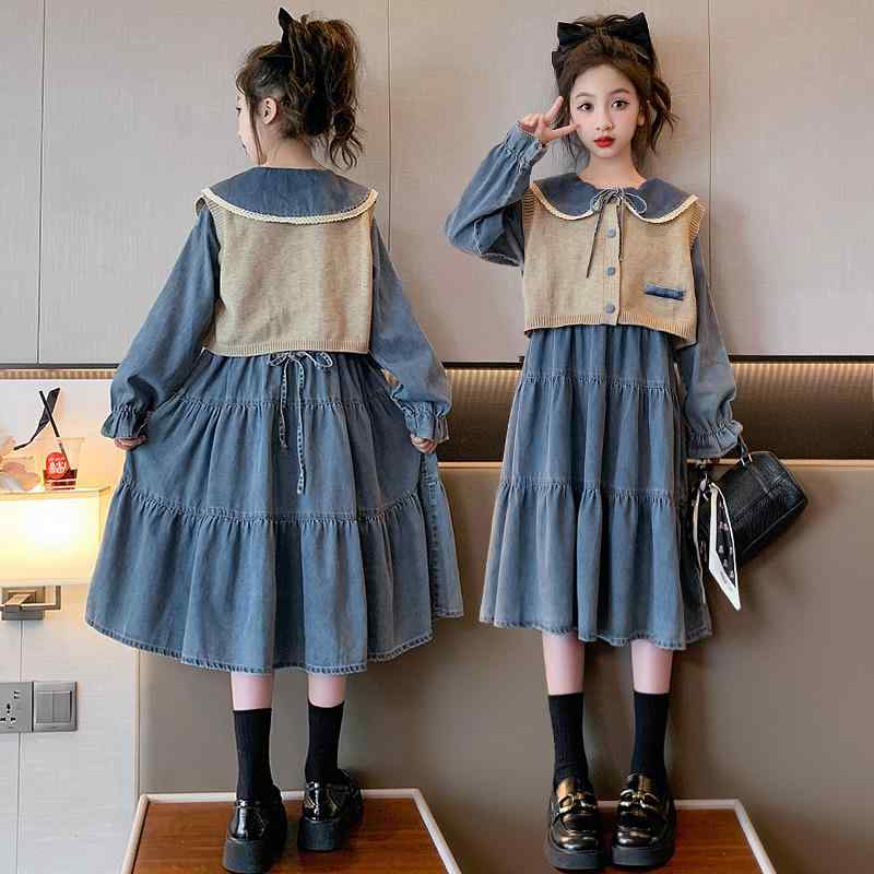 ワンピース 女児 ジュニア向け デニム ベスト付き 綿 春秋 おしゃれ かわいい 韓国子供服 カジュアル プリンセスライン フレア お出かけ 普段使い