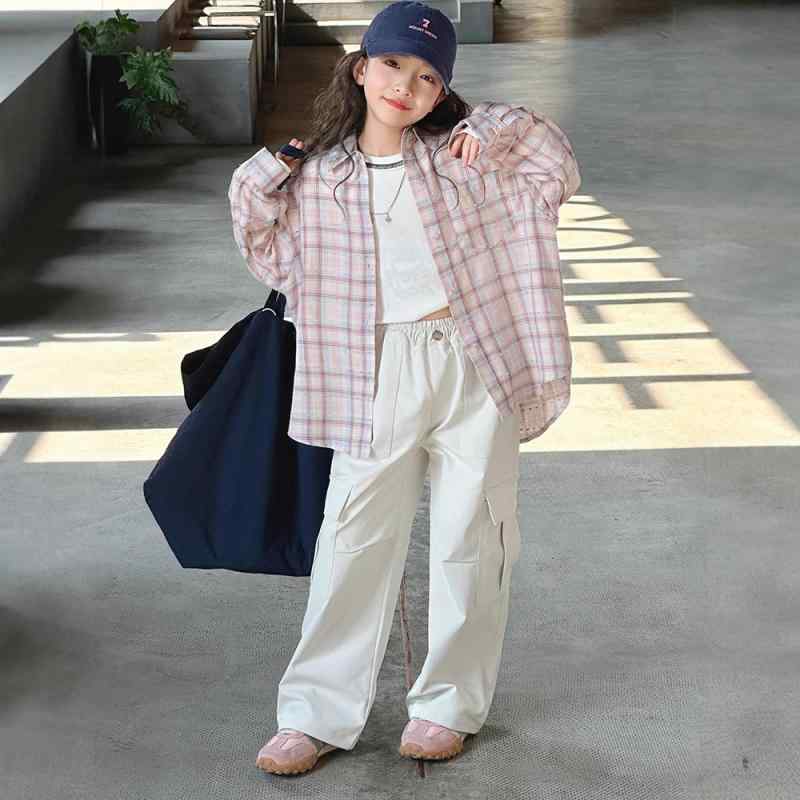 シャツ 女の子 子供用 チェック柄 ピンク 綿 コットン 長袖 襟付き かわいい おしゃれ 柔らか トップス ブラウス アウター 羽織り 小学生 ジュニア 韓国風 春秋