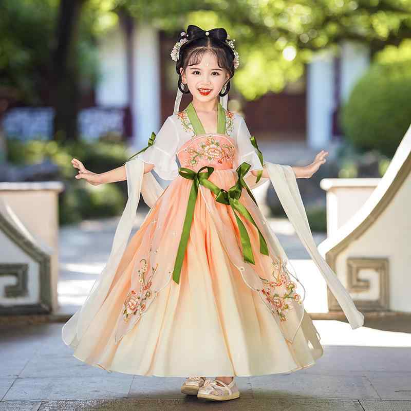 唐装 ワンピース 女の子 キッズ ガールズ 漢服 中国服 民族衣装 ドレス 薄手 半袖 中国風 レトロ 花柄 リボン ポリエステル 春夏 発表会 イベント パーティー お祭り 普段着 ピンク系