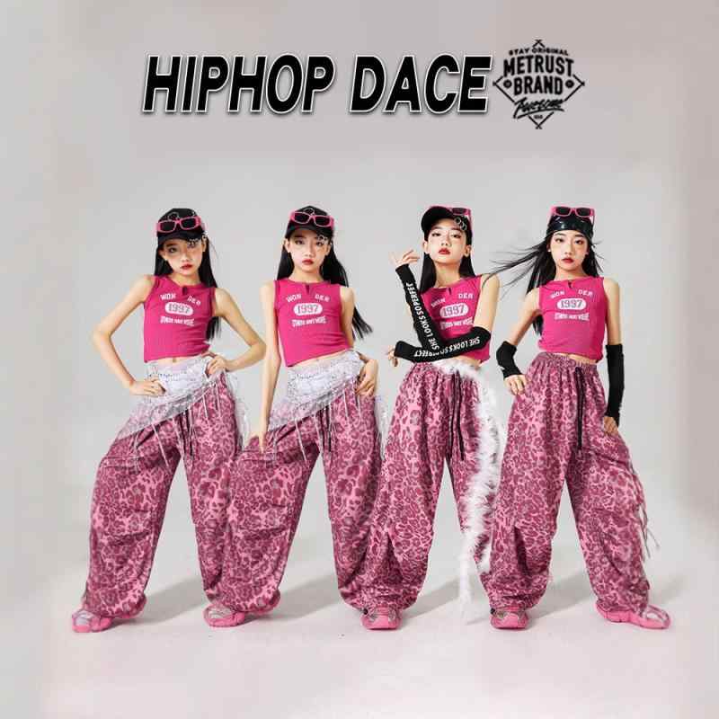 ダンス衣装 キッズ 女の子 ビビッドカラー ピンク タンクトップ ヒョウ柄 ロングパンツ ジャズダンス ストリート ヒップホップ 発表会 レッスン着 ポリエステル 春夏