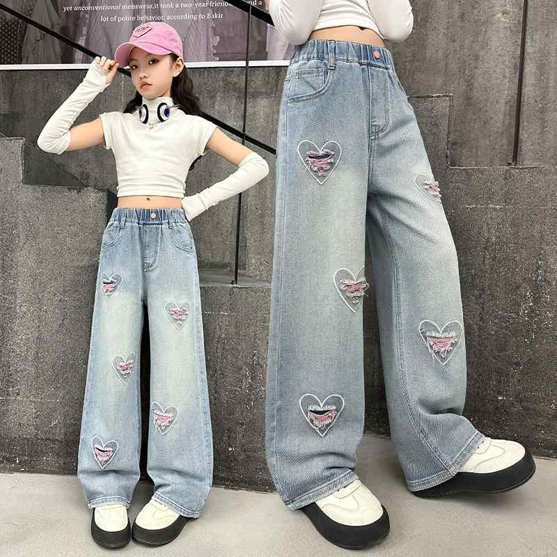 デニムパンツ 女の子 ジュニア キッズ ピンク ハート柄 ダメージ加工 ゆったり ストレート 春秋 カジュアル ハイウエスト ゴムウエスト 綿
