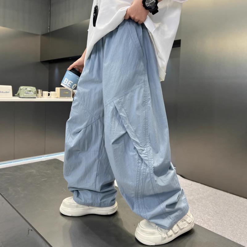 キッズ 男の子 パンツ 薄手 春夏 速乾 防蚊 長ズボン 中大童 ジュニア 綿 コットン カジュアル 韓国風 無地 ウエストゴム イエロー ブルー ダークネイビー
