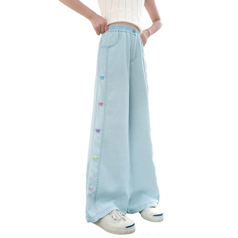 パンツ ガールズ ジュニア 子供服 夏 サマー 薄手 薄地 接触冷感 再生繊維 デニム ワイドパンツ ロング ウエストゴム ハイウエスト リボン 刺繍 ゆったり カジュアル 韓国風 トレンド