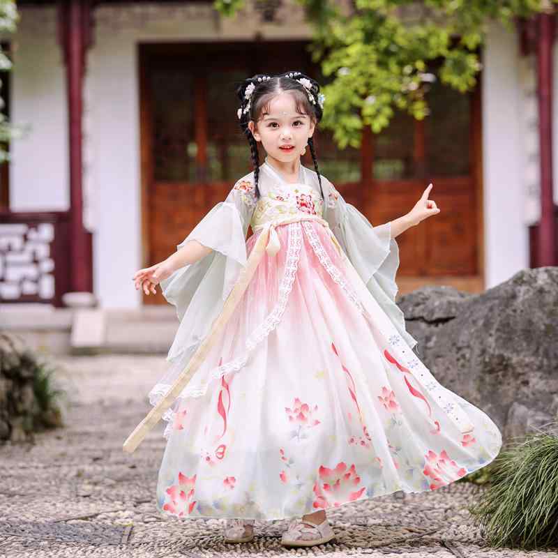 ワンピース 女の子 子供 漢服 唐装 襦裙 古風 中国風 春夏秋 薄手 華やか 優雅 牡丹柄 ウサギ柄 レース シフォン素材 綿 ポリエステル 普段着 発表会 イベント 衣装