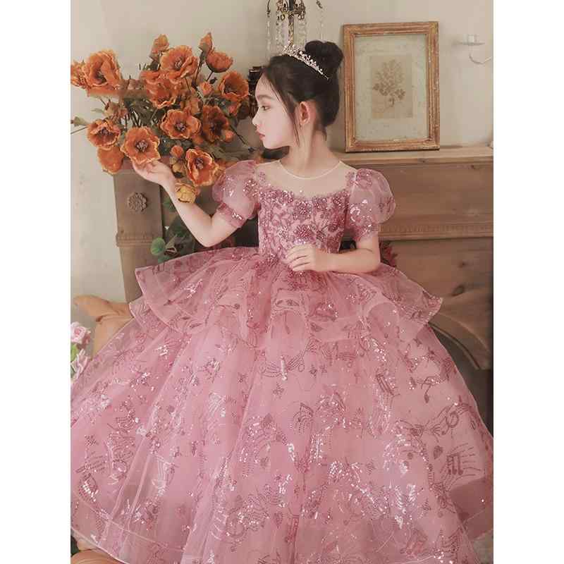 ドレス 女の子 ジュニア 女児 ピンク フォーマル プリンセス ふわふわ チュール プリーツ ポリエステル ロング丈 かわいい ファッションショー フラワーガール 誕生日 発表会 演奏会